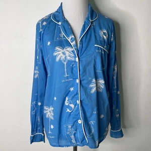 Desmond & Dempsey Women's Blue White Cotton Button Down Pijama Shirt Size Small - Picture 1 of 9