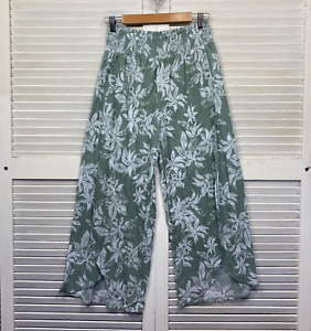 Piping Hot Pant Womens 10 Green Floral Elastic Waist Wide Leg Cotton Boho
