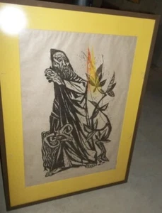 ANTIQUE 19C WOODCUT "BURNING BUSH" Framed Linocuts by Robert O. Hogt - Picture 1 of 3