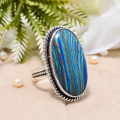 Anillo de joyería hecho a mano de plata esterlina 925 con calsílice arco iris regalo de Navidad Foto 1 de 4