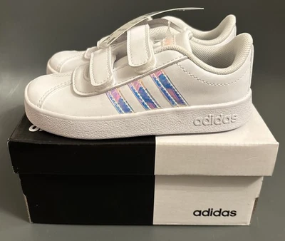 Adidas Niños Pequeños 8K Zapatos, VL Court 2.0 CMF, Blanco Iridiscente Tenis Nuevos en Caja Foto 1 de 4