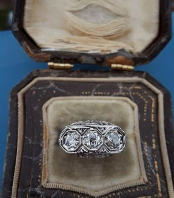 925 Silver OEC Moissanite Antique Three Stone Trilogy Art Deco Women's Ring - Image 1 of 4