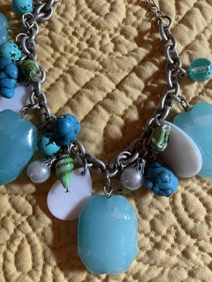 Turquoise Beads Charm Bracelet Silver Plated Link Chain,  7"-9" adjustable - Image 1 of 4