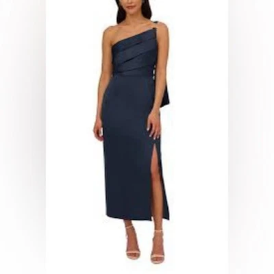 Nuevo con etiquetas Vestido Formal Adrianna Papell Elegante Un Hombro Satinado Azul Marino Talla 12 Foto 1 de 4