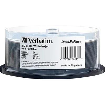 VERBATIM 6X Blu-Ray BD-R DL Dual Layer 97334 50GB White Inkjet Printable 25pk - Image 1 of 3