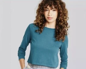 wild Fable Women's Long Sleeve crop T-Shirt Botanical Blue Teal Small - Picture 1 of 1