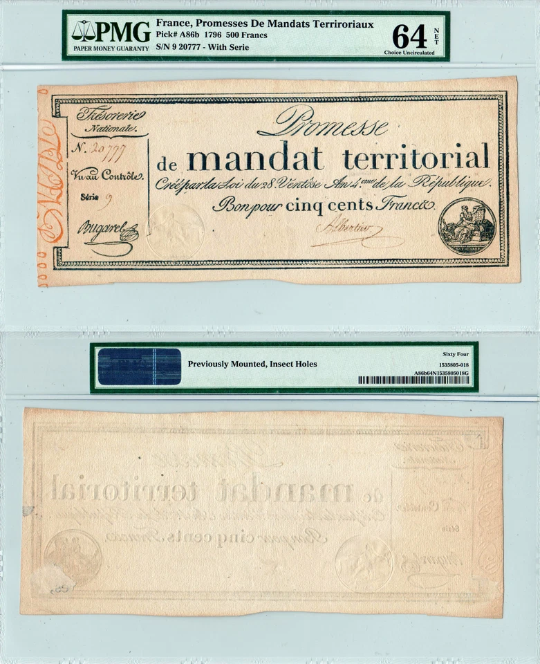 France 500 Francs P#A86b (1796) *Single Highest Graded* PMG 64 Net - Image 1 of 3