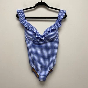 J Crew Womens Blue White Seersucker Ruffle Shoulder V-Neck One Piece Swimsuit M - Picture 1 of 8