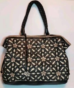 BRIGHTON MASTERPIECE  GLORIA 3D FLORAL APPLIQUE WEAVED LEATHER LINEN HANDBAG$510 - Picture 1 of 20