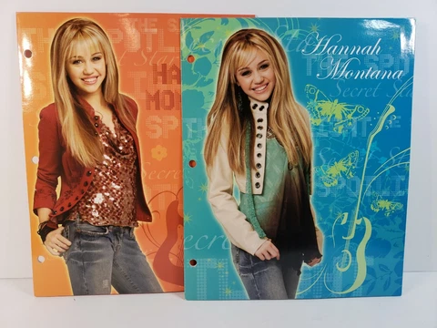 Lot of 2 Hannah Montana Secret Celebrity Disney Pocket 3 Ring Folder Blue Orange Cover