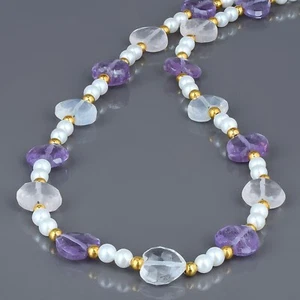 Natural Amethyst & Crystal Heart Shape Beads 925 Silver Chain Handmade Necklace - Picture 1 of 5