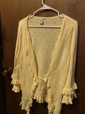 Evie Sweater Ruffled Bell Sleeves Yellow Size L Rayon Cotton Blend - Image 1 of 3
