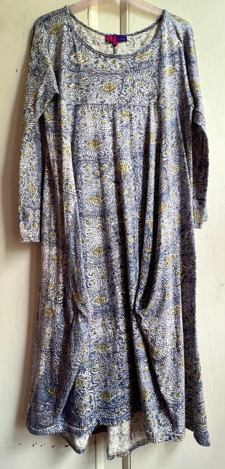 NILA RUBlA Dress Large Blue Roshan Bubble Cotton Jersey Block Print Round Neck - Image 1 of 4