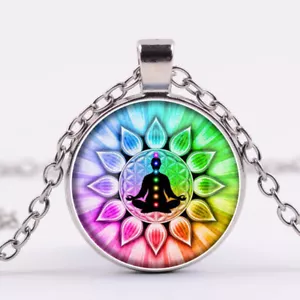 Lotus Chakra Necklace Pendant Colourful Buddhist Yoga Jewelry Fashion Accessory - Foto 1 di 9