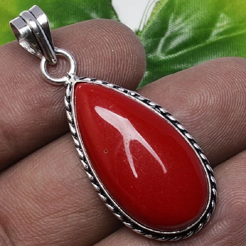 Moda colgante de piedra fósil de coral rojo y collar de plata 925! Regalo y joyas. Foto 1 de 1