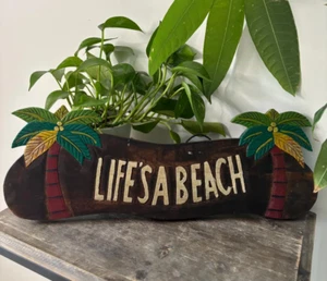 Hawaii Hand Made Wall Hanging Decor Life's A Beach Palm Trees Tropical Wood Sign - Picture 1 of 4