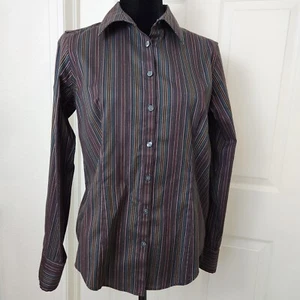 Camisa Eddie Bauer Abotonada Para Mujer Mediana Púrpura Rayas Azul Dorado Colorida - Imagen 1 de 10
