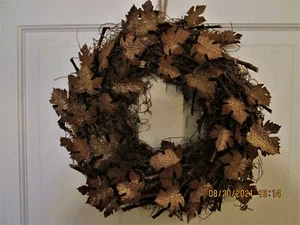 Fall Autumn Wooden Twig Wreath décor w/metal maple leaves NEW Indoor/Outdoor - Picture 1 of 7