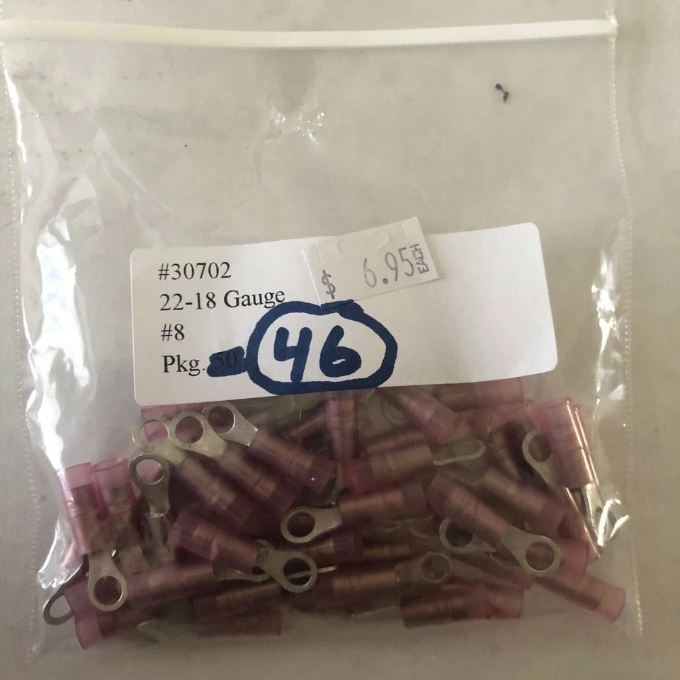 Ring Terminal, 22-18 AWG, #8 Stud, Nylon Insulated w/ Extra Sleeve - 46 Pack - Image 1 of 1