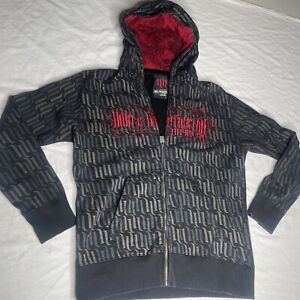 Hart & Huntington Zipper Hoodie Black Sz L All Over Print Red Stitched Spellout