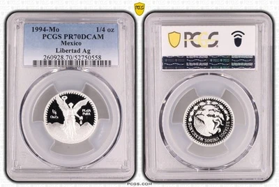MEXICO SILVER 1/4 ONZA PROOF COIN 1994 YEAR KM#544 LIBERTAD PCGS PR70 TOP POP 🥇 - Image 1 of 3
