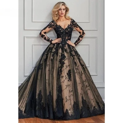 Long Sleeves Black Wedding Dresses Lace Applique V-Neck Gothic Vintage Gowns - Image 1 of 4