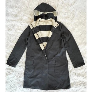 AKRIS PUNTO Chaqueta de Lluvia Reversible Rayas Capucha Abrigo de Lluvia Largo, Talla 10 - Imagen 1 de 11