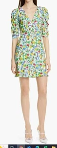 Vestido Saloni Carlotta drapeado mangas abullonadas floral línea A - US 2 UK 6 NUEVO CON ETIQUETAS $395 - Imagen 1 de 6