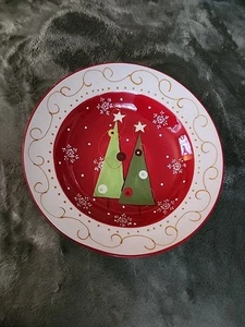 Christmas Large Serving Dish Bowl Red Winter Holiday Snowflakes Trees - Picture 1 of 5
