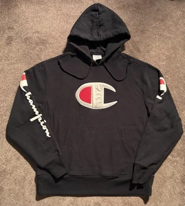 Champion Reverse Weave Hoodie Sz L Black Script Embroidered Pullover Sweatshirt - Picture 1 of 9
