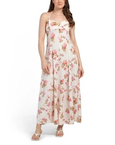 NEU CYNTHIA ROWLEY MAXIKLEID WEISS ROSA GEBLÜMT LEINEN FIT AND FLARE GRÖSSE L - Bild 1 von 2