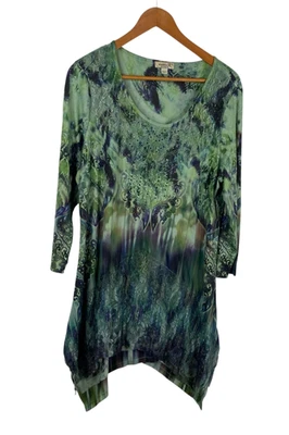 One World Women's Paisley Bling Asymmetrical Fairy Boho Tunic Top Green Size 1X - Image 1 of 4