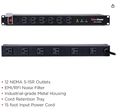 CyberPower CPS1215RMS Rackmount Surge Protector, 120V/15A, 12 Outlets, 15' Cable - Image 1 of 2