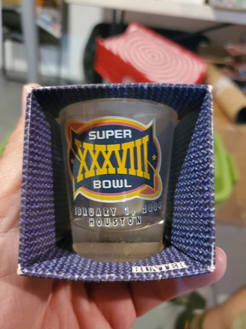 NIB 2004 Houston Super Bowl XXXVIII 38 SHOT GLASS Patriots VS Panthers FREE S/H Cover