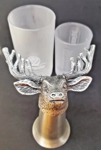 JAGERMEISTER STAG DEER PEWTER SHOT GLASS 3.5" TALL & 2 FROSTED SHOT GLASSES - Picture 1 of 4