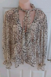River Island Leopard animal Print Sheer Pussy Bow Tie Neck Blouse-UK 14 - Picture 1 of 6