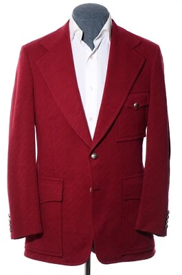 38R Vintage 70s Cranberry Red Poly Wide-Lapel Military Blazer Sport Coat Jacket - Image 1 of 4