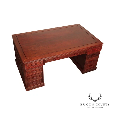 Chinese Vintage Carved Rosewood Executive Partners Desk Cover