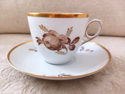 Royal Copenhagen Denmark Brown Rose Flat Tea Cup & Saucer 1960s Gold Rim - Image 1 of 4