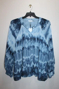 CALVIN KLEIN WOMENS BUTTTON-FRONT BLOUSE CREPE GEORGETTE ABSTRACT BLUE SIZE 0X - Picture 1 of 4