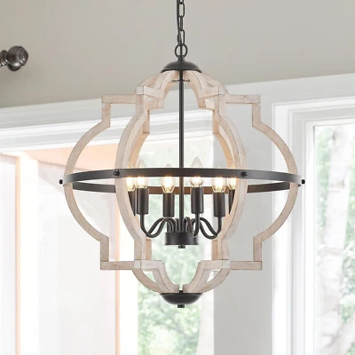 Lámpara colgante de madera de granja de 6 luces, 22,83"" vintage rústica luz blanca Cha Foto 1 de 4