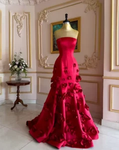 Red Floral Strapless Wedding Dresses Strapless Customized Coctel Satin Bridal - Picture 1 of 10