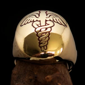 OVAL DOMED MENS BRASS DRUID COSTUME RING MEDICAL DOCTOR SYMBOL RED SIZE 9 - Picture 1 of 7