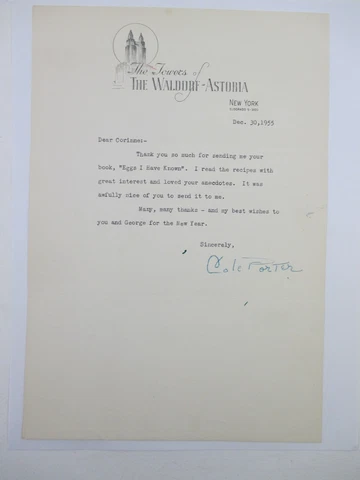 SIGNED by COLE PORTER 1955 Vintage Personal Letter to Corinne Griffith ORIGINAL Cover