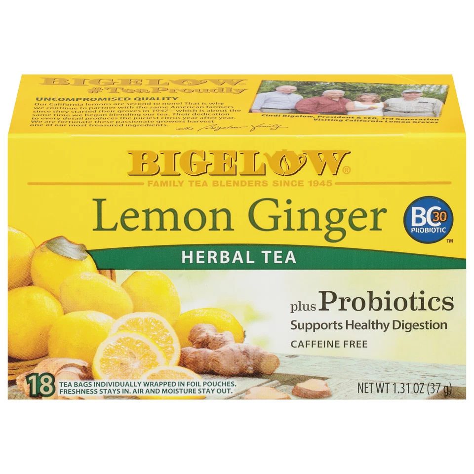 Bigelow Lemon Ginger Plus Probiotics Herbal Tea Bags 18 Ct 1.39 Oz