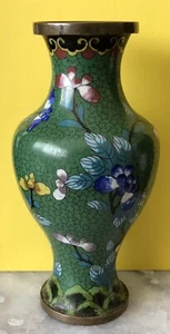 Vintage Asian China Small Cloisonné Enamel Brass Vase Green Pink Floral Blossoms - Bild 1 von 8