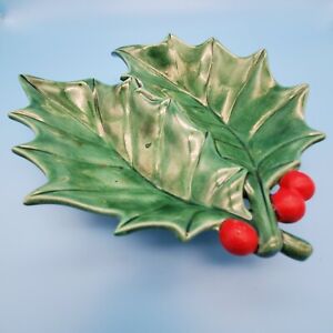 Vintage forma atlantycka ceramiczna ostrokrzew liść jagoda świąteczne podzielone naczynie 9 x 7 cali