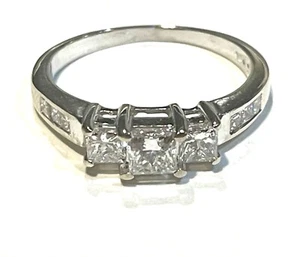 14K White gold princess 3 stone engagement ring 3.5g 1.09ct VS2 SI1 H WOMENS 8 - Picture 1 of 5
