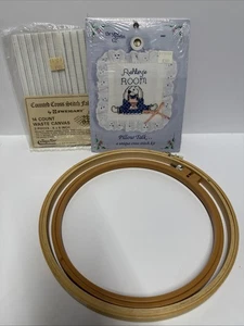 2 Wooden Cross Stitch, Embroidery Hoops plus Bunny Pillow Kit and extra canvas - Picture 1 of 4