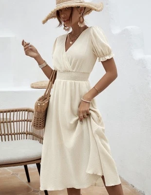 Vestido midi manga corta tostado/beige talla pequeña Foto 1 de 3